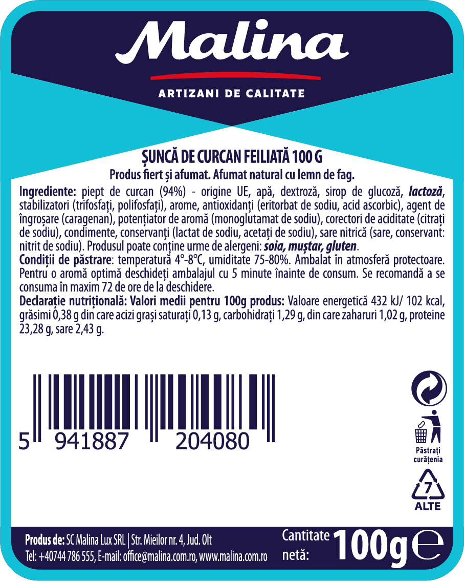 Șuncă de curcan feliată 100 g